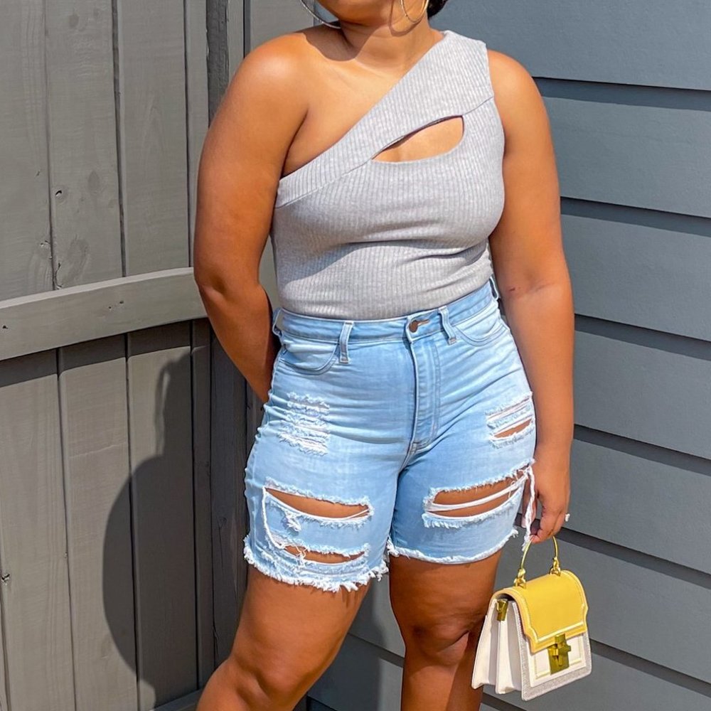 One Shoulder Cut Out Bodysuit Gray